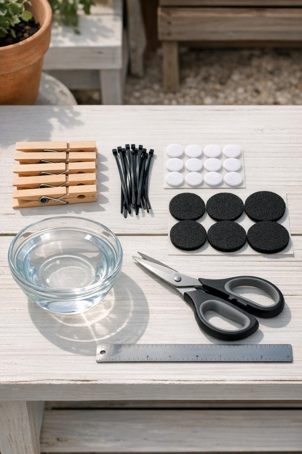 Materials for making flexible vine training clips laid out on a table