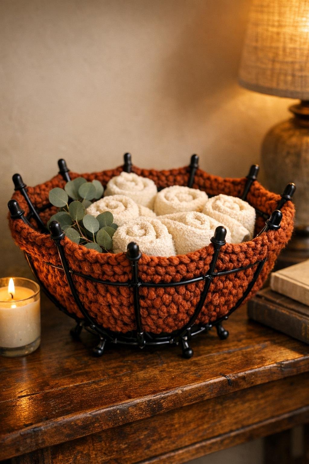 Finished crochet decorative basket made from an umbrella frame