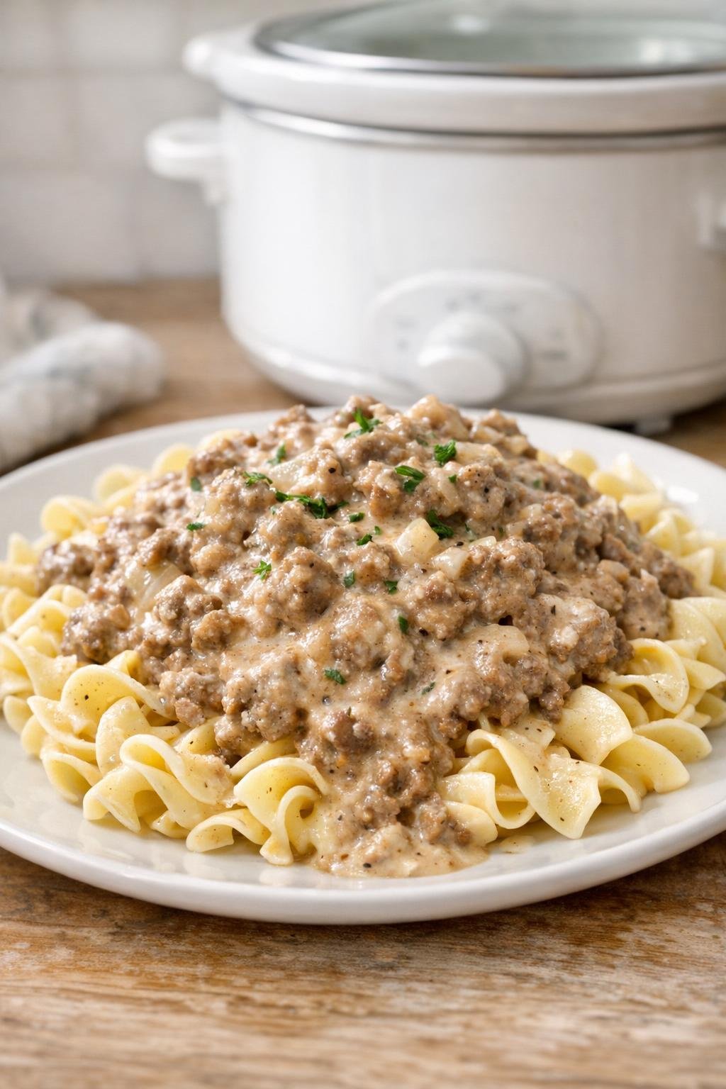 Creamy slow cooker ground beef served over egg noodles
