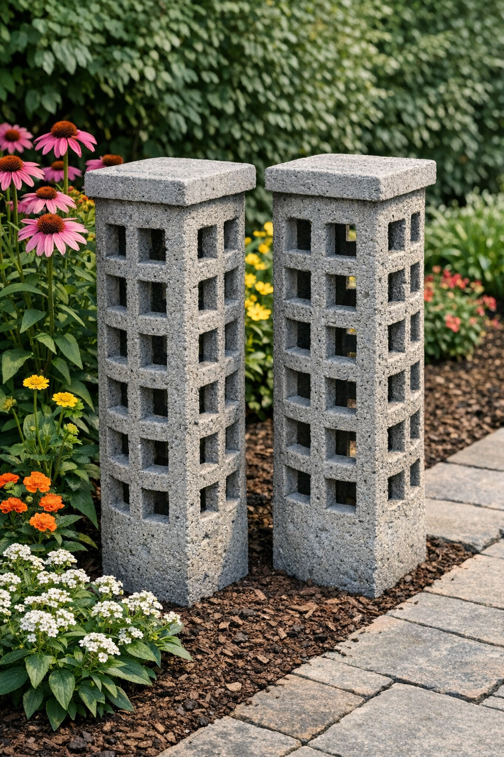 Finished concrete lattice yard pillars made from laundry baskets
