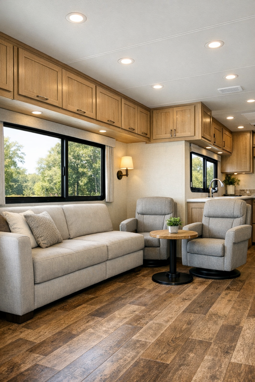 Bright accessible RV camper living room with pale oak cabinetry and soft greige seating