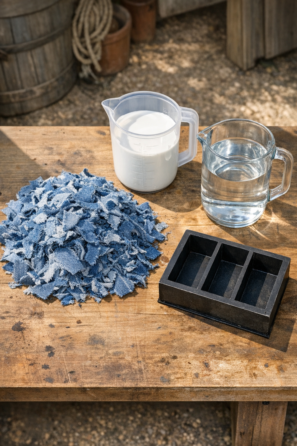 Shredded denim, white glue, and water laid out for making landscaping bricks