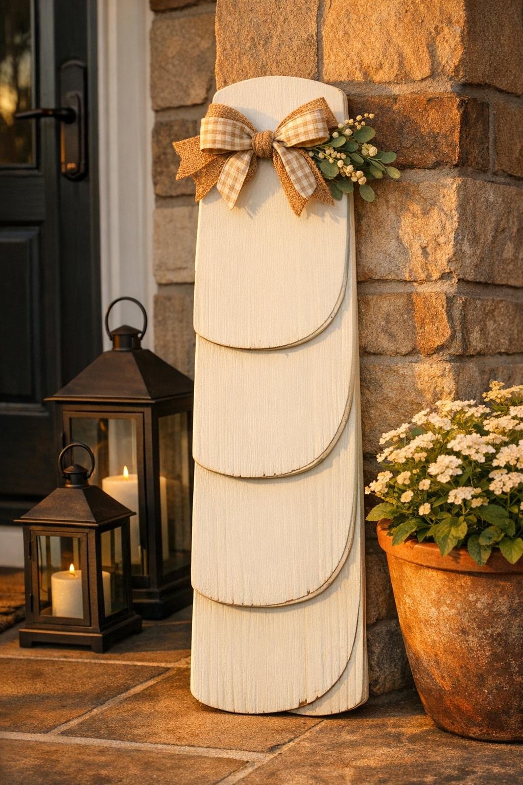 Finished porch sign made from stacked ceiling fan blades by a front door