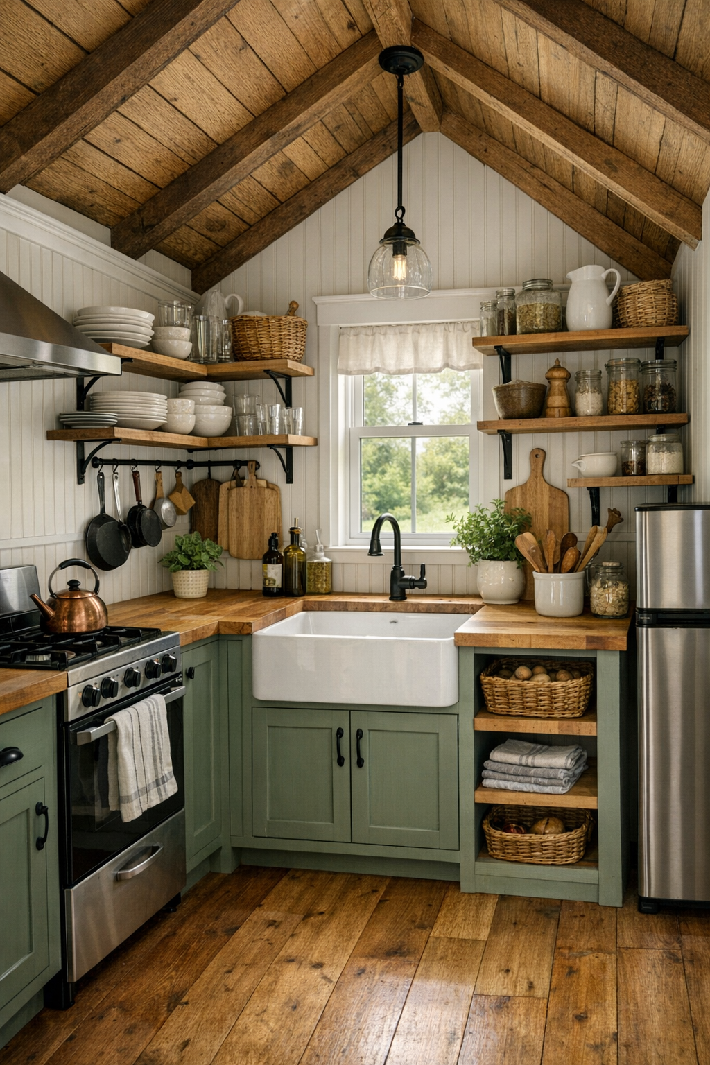 Handcrafted tiny home kitchen with painted cabinets and butcher block counters