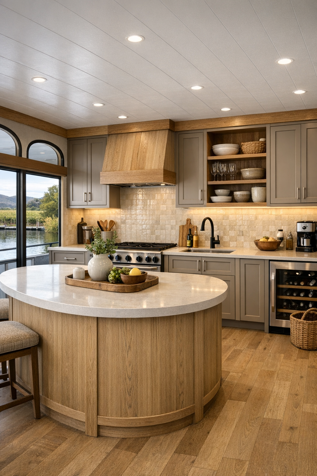 Accessible kitchen with mushroom cabinetry, oak accents, and pale quartz counters in a wine country houseboat