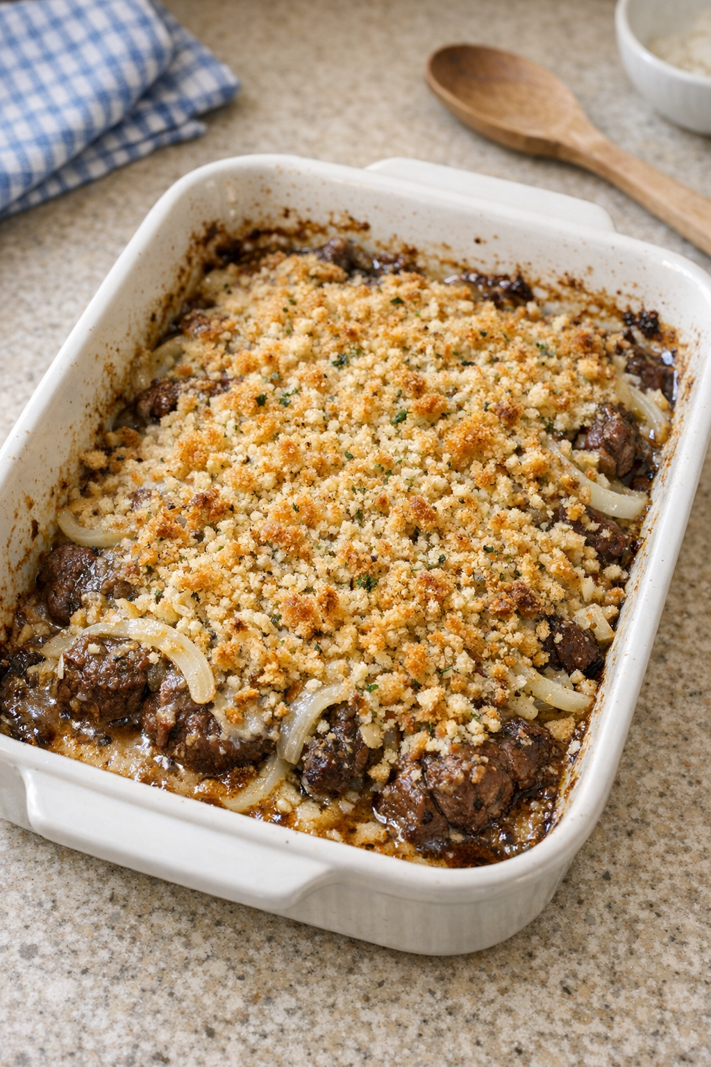 Finished baked beef casserole with seasoned breadcrumb topping