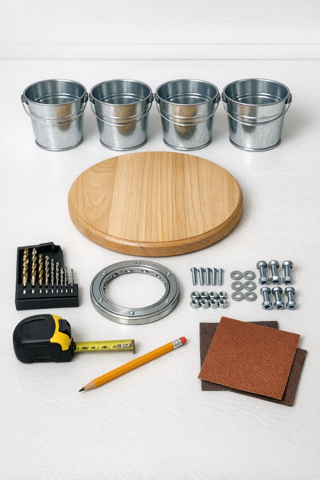 Materials for a galvanized bucket lazy Susan utensil caddy