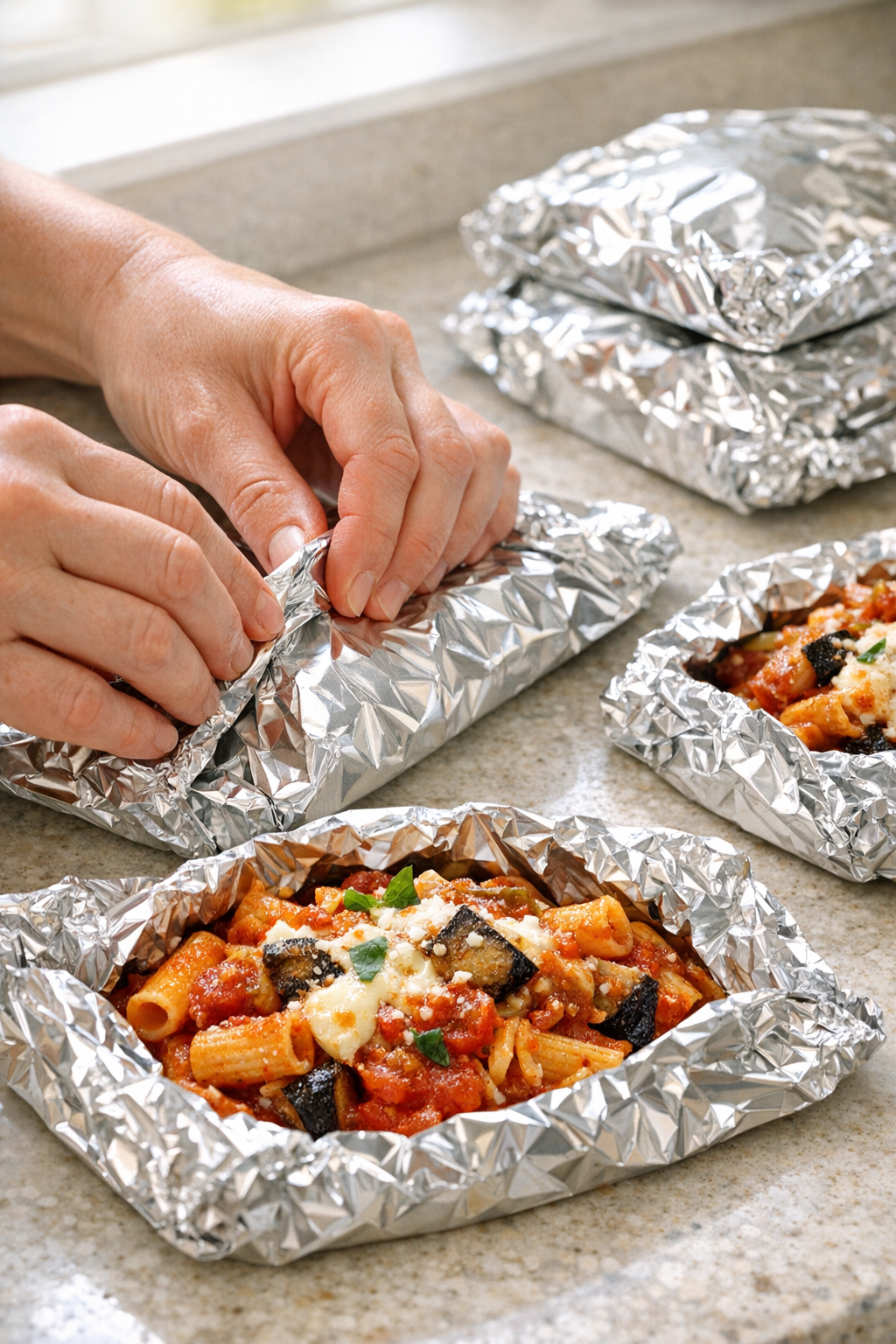 Foil packets filled and sealed with pasta mixture
