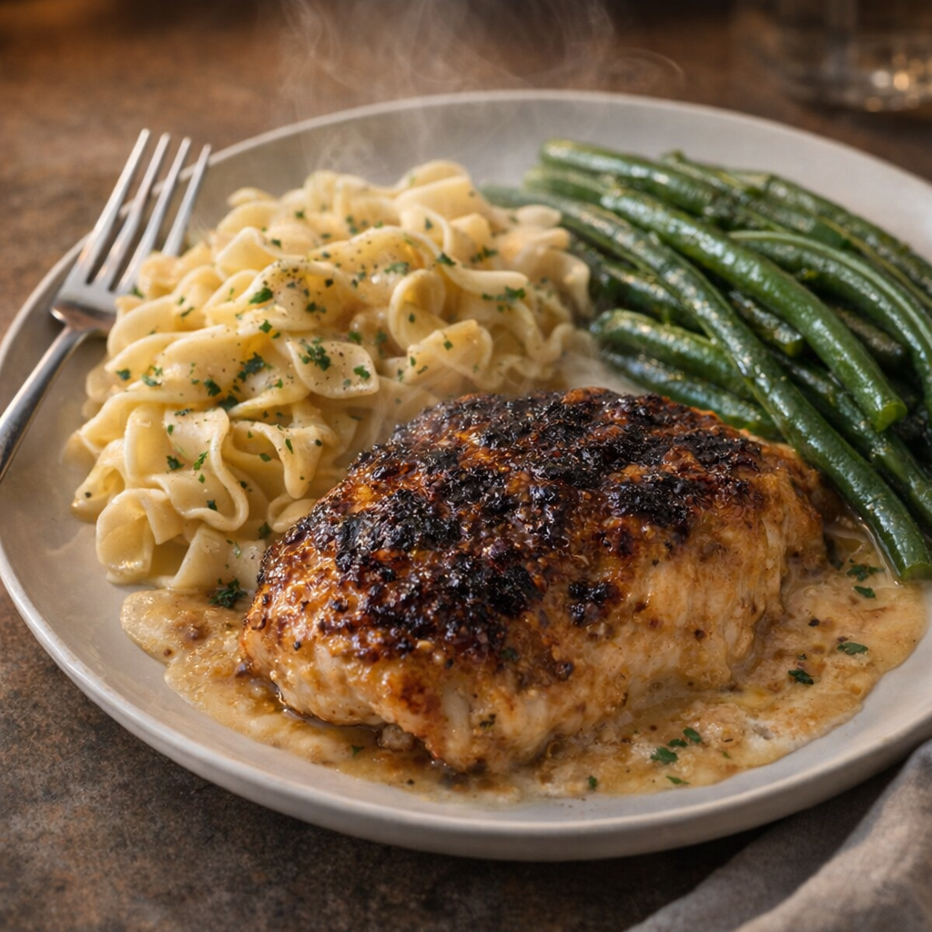 Served portion of baked chicken with noodles and green beans