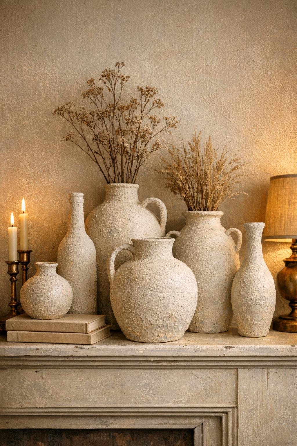 Finished faux pottery vases styled on a mantel