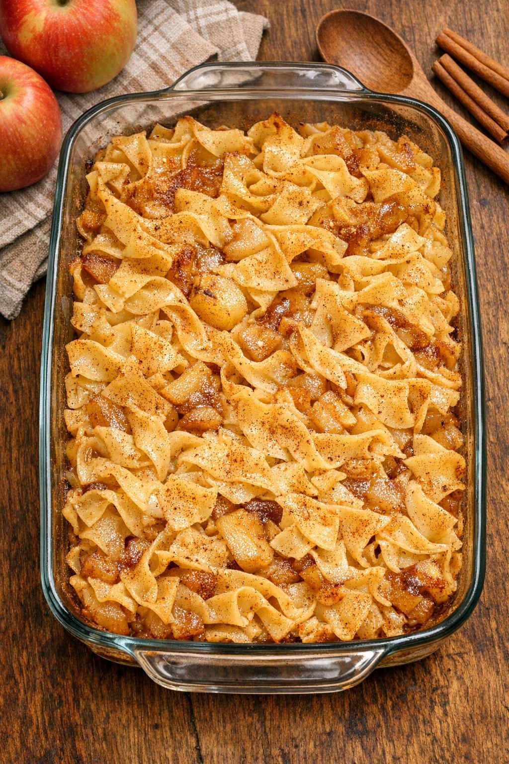 Finished baked noodle apple dessert in a glass casserole dish