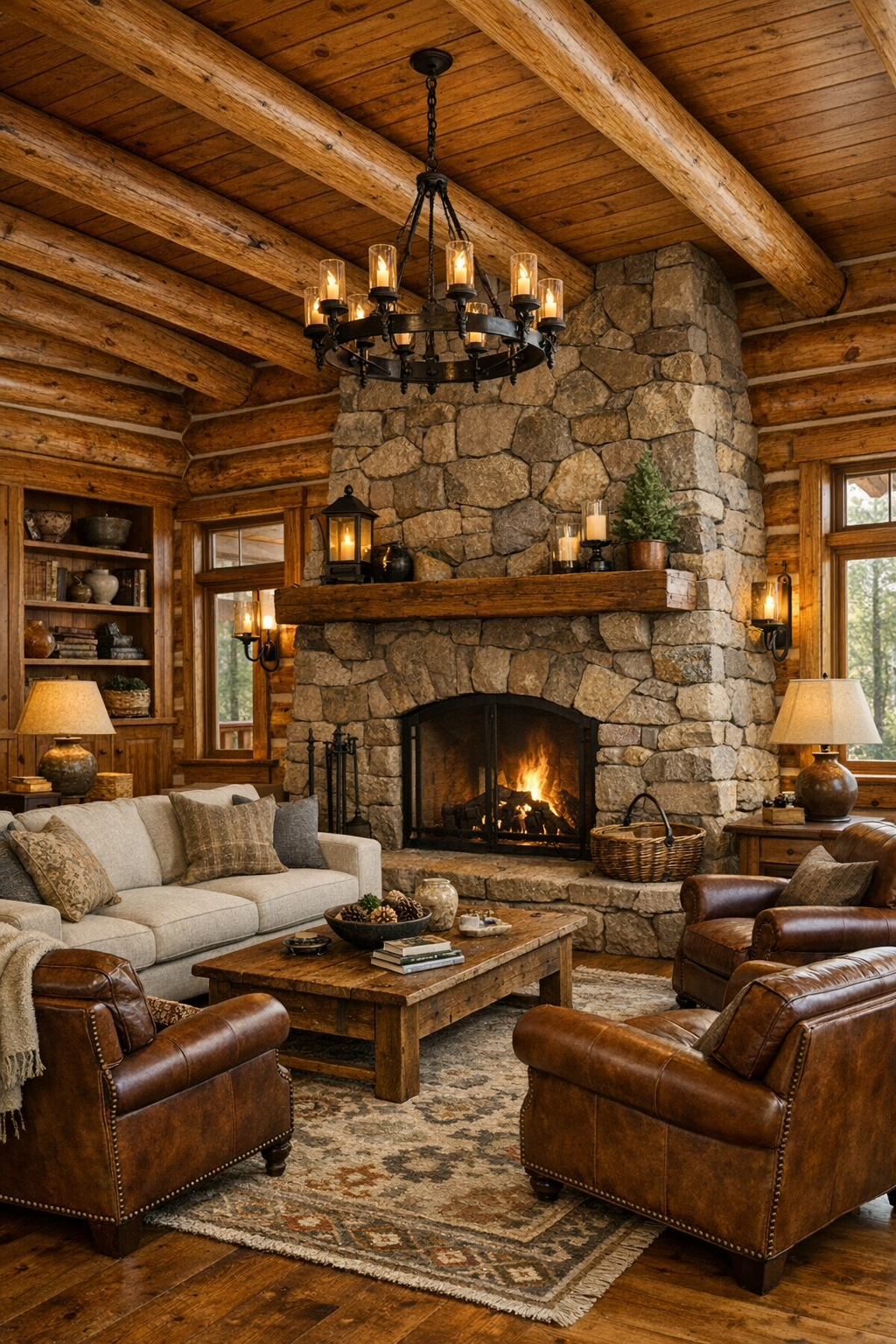 Warm log home living room with stone fireplace and classic handcrafted wood furnishings