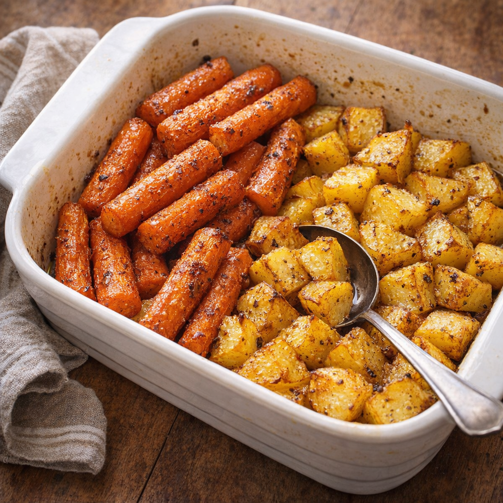 White casserole dish filled with roasted carrots and potatoes