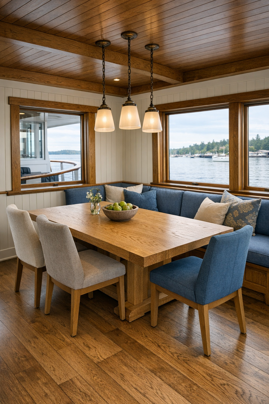 Accessible craftsman dining room with an oak table, built-in banquette, and soft pendant lighting