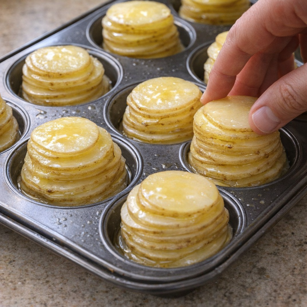 Potato slices stacked in muffin tin cups