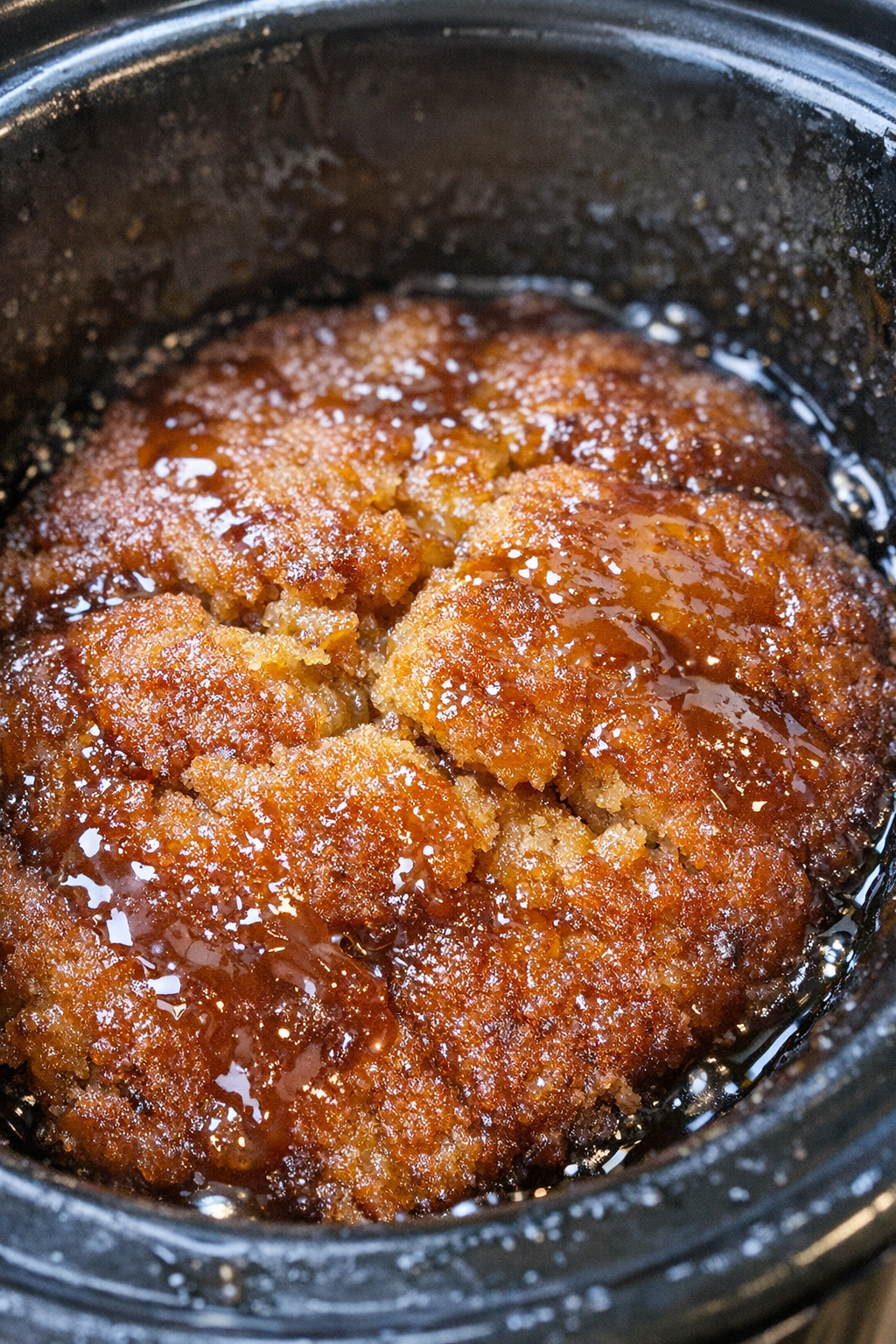 Finished caramel-glazed slow cooker bake