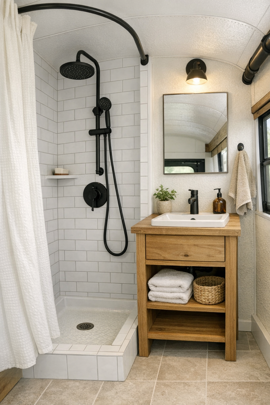 Small bathroom in the bus with a tiled shower and wood vanity