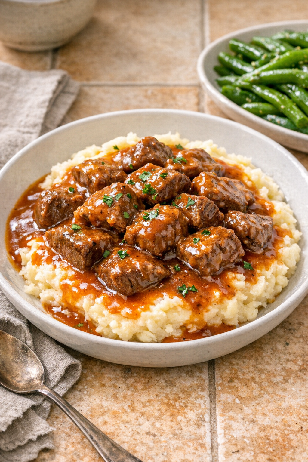 Finished slow cooker secret sauce beef served over mashed potatoes