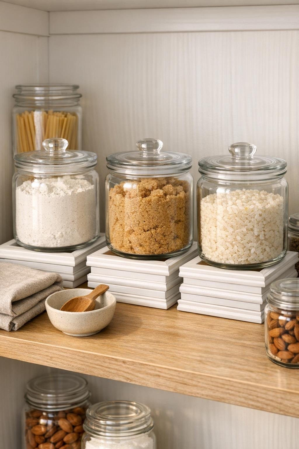 Finished pantry risers made from stacked wooden picture frames under glass storage containers on a kitchen shelf