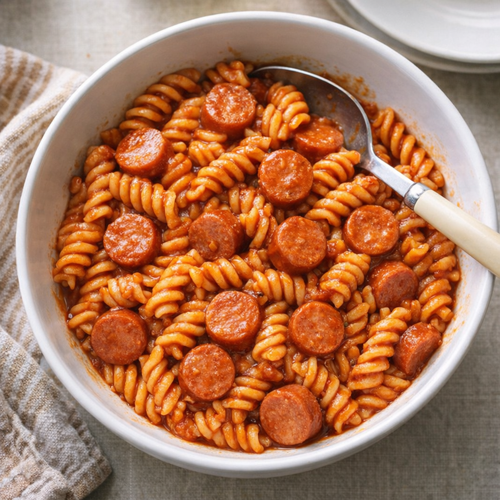 Overhead view of hot dog pasta served in a simple family-style bowl