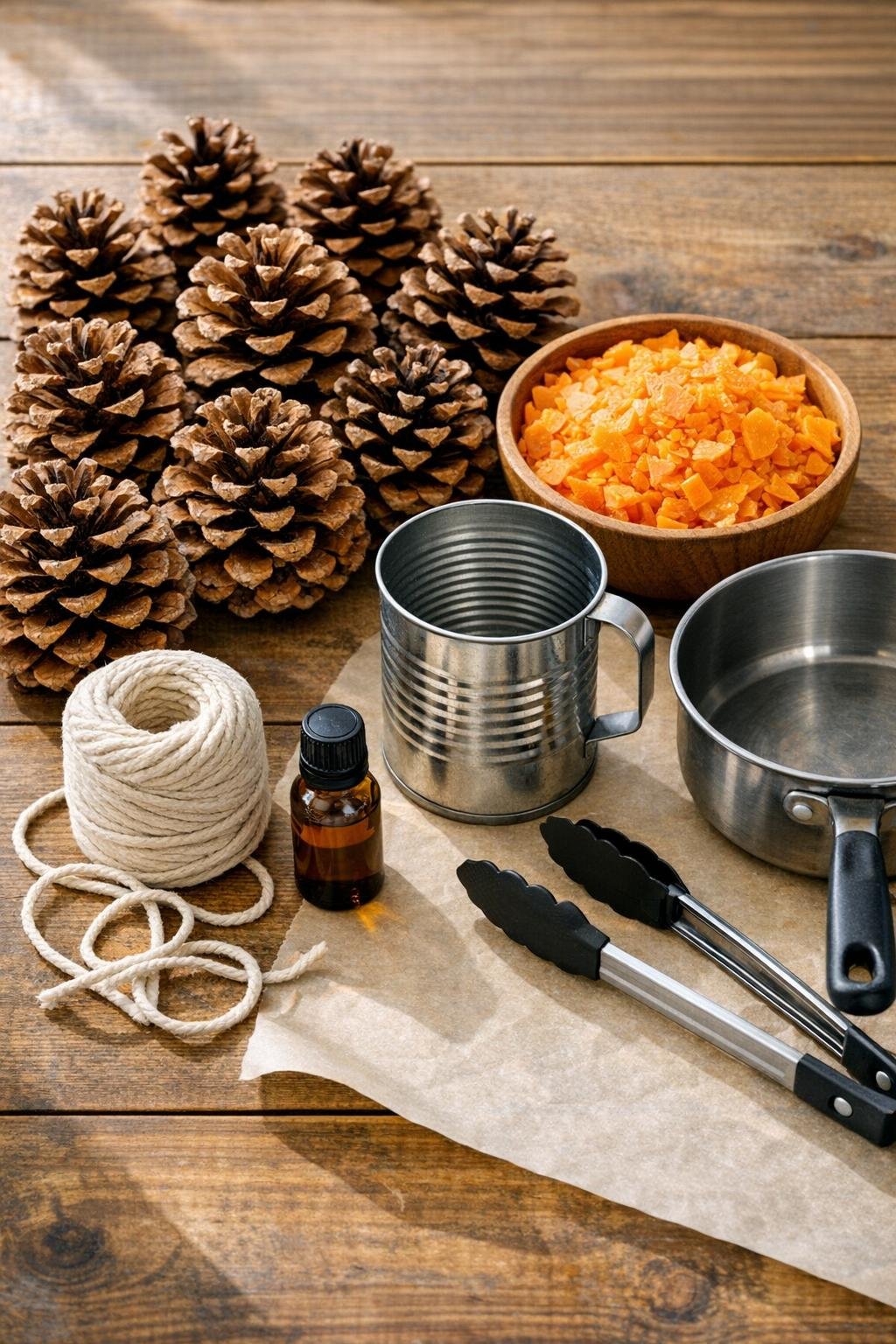 Materials for dipped pinecone fire starters laid out on a table