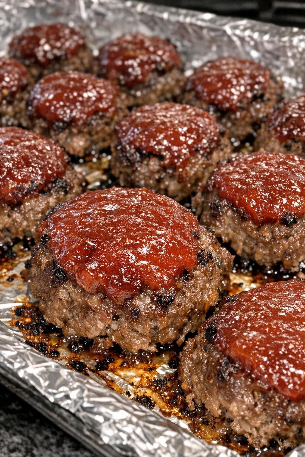 Oven baked 3-ingredient beef meatloaf bites on a foil-lined baking sheet