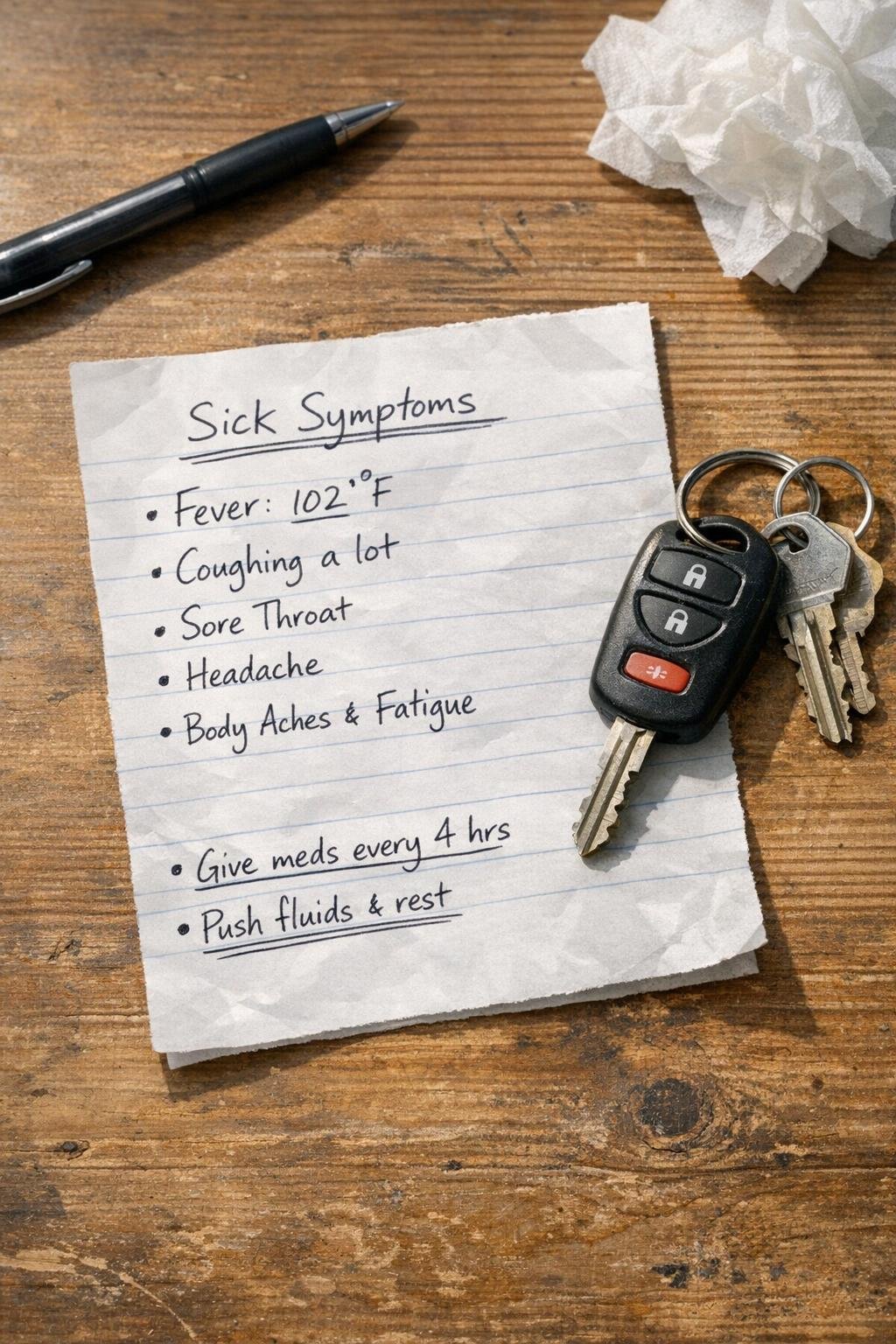 Handwritten note with symptoms and triage wording beside car keys