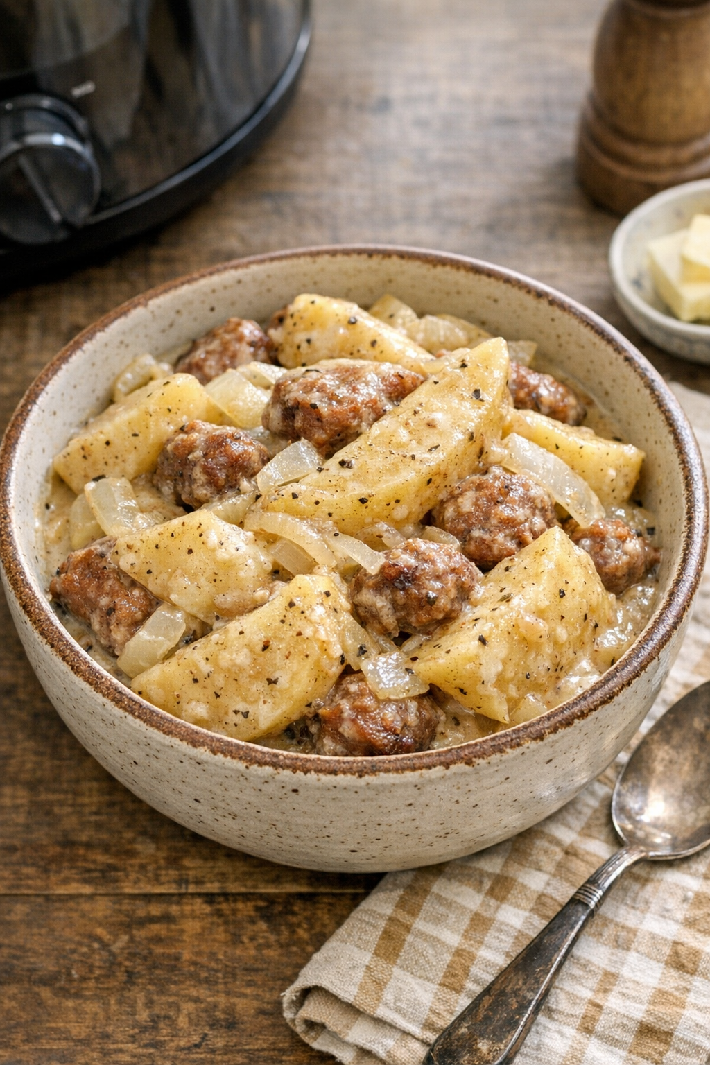 Finished Amish farmhouse chunks plated in a rustic bowl