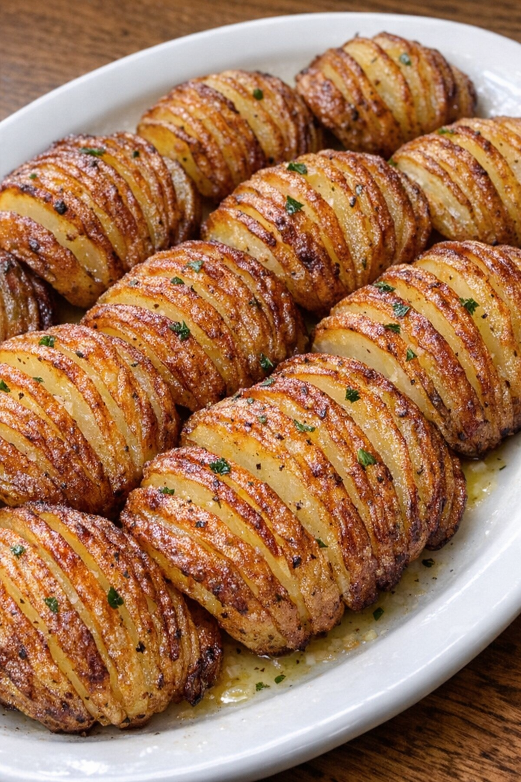 Crispy accordion-sliced potato rounds on an oval platter