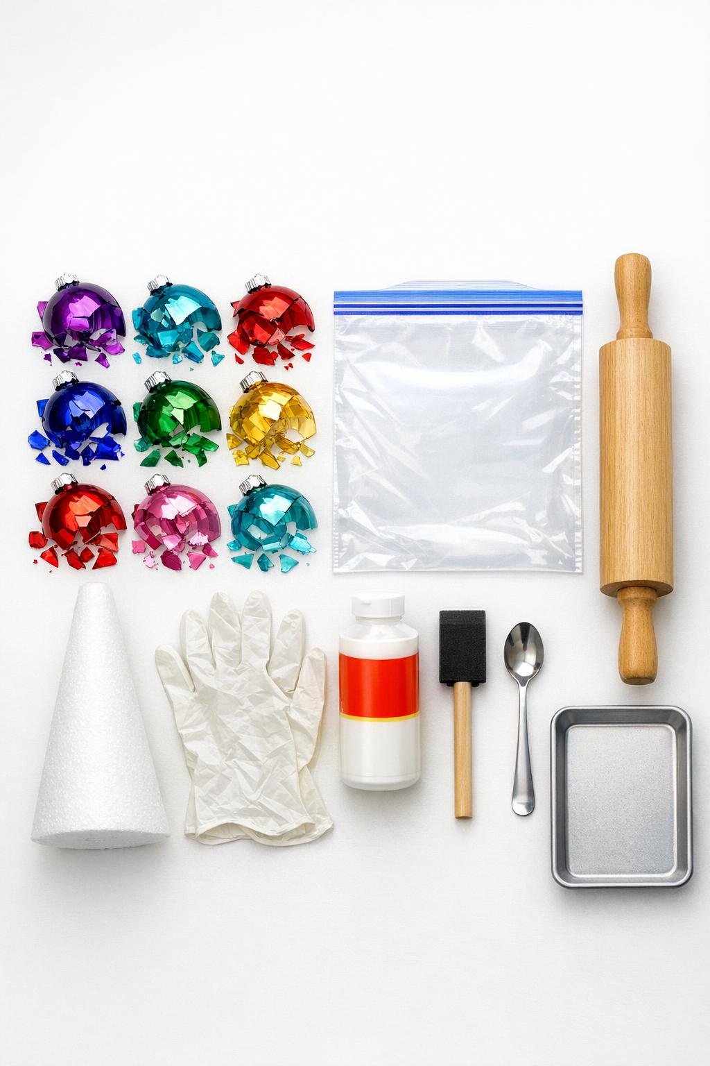 Materials for a crushed ornament mosaic tree laid out neatly