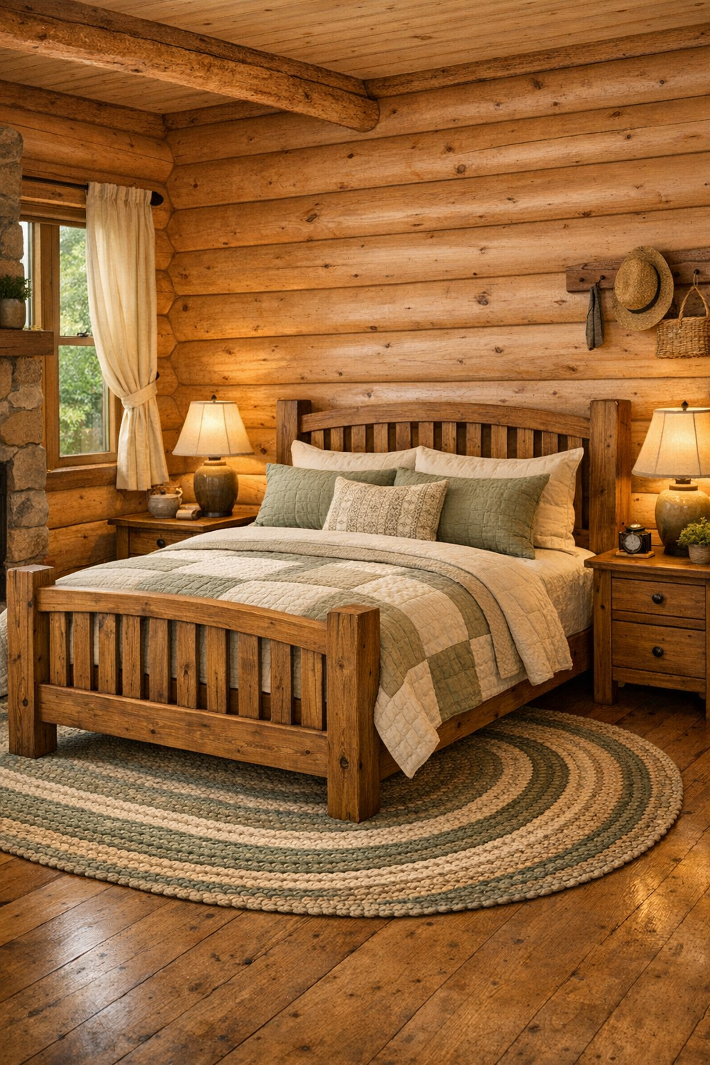 Cozy log home bedroom with handcrafted wood bed, layered neutral textiles, and soft lighting