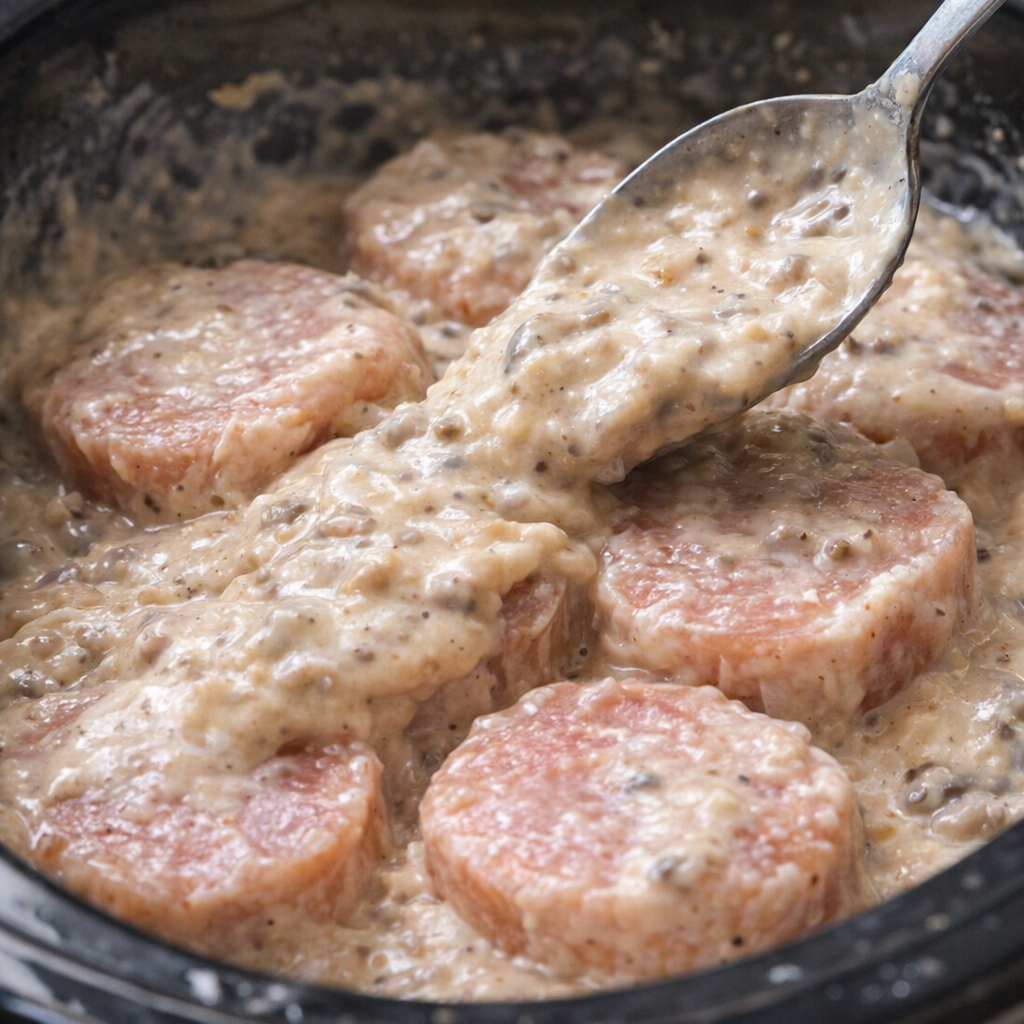 Cream soup spread over pork in slow cooker