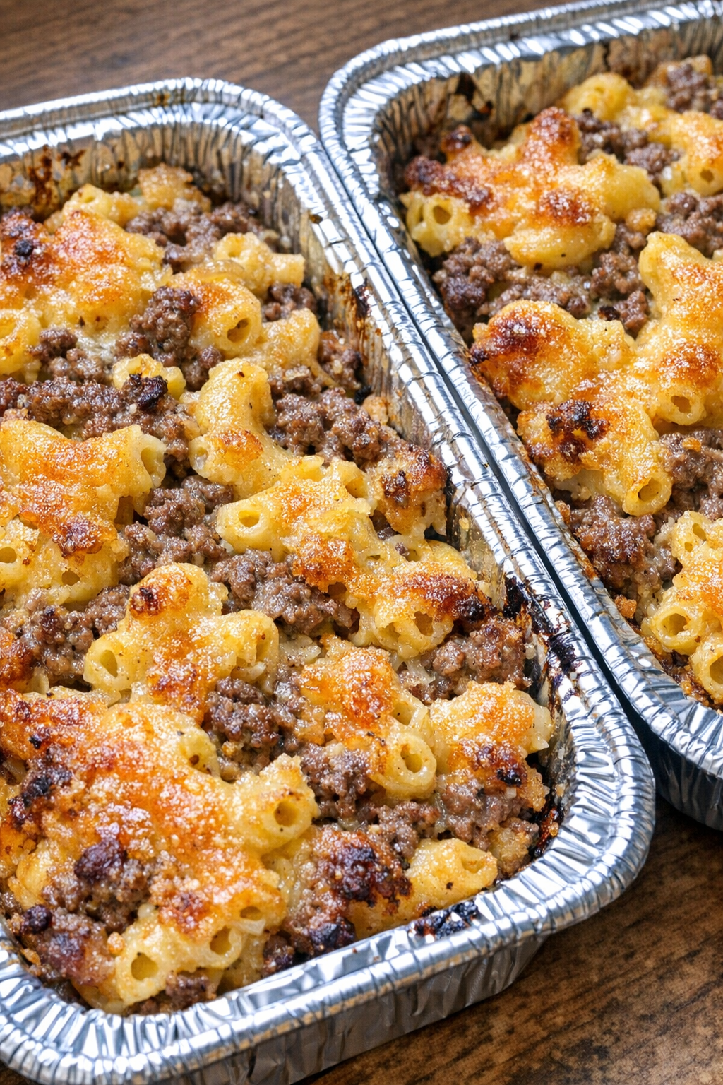Oven baked beef macaroni bites in foil trays