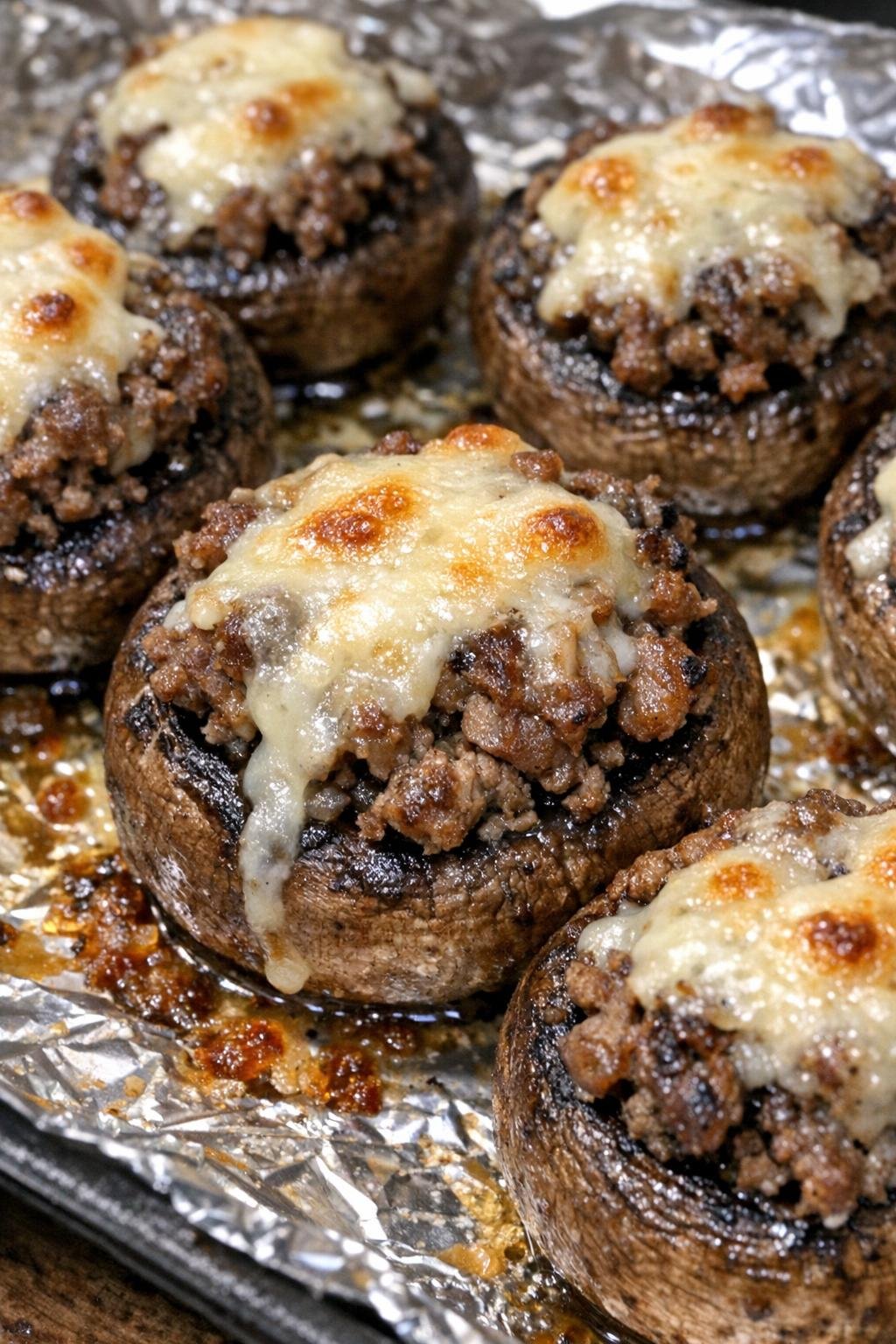 Oven baked beef stuffed mushrooms on a foil-lined baking sheet
