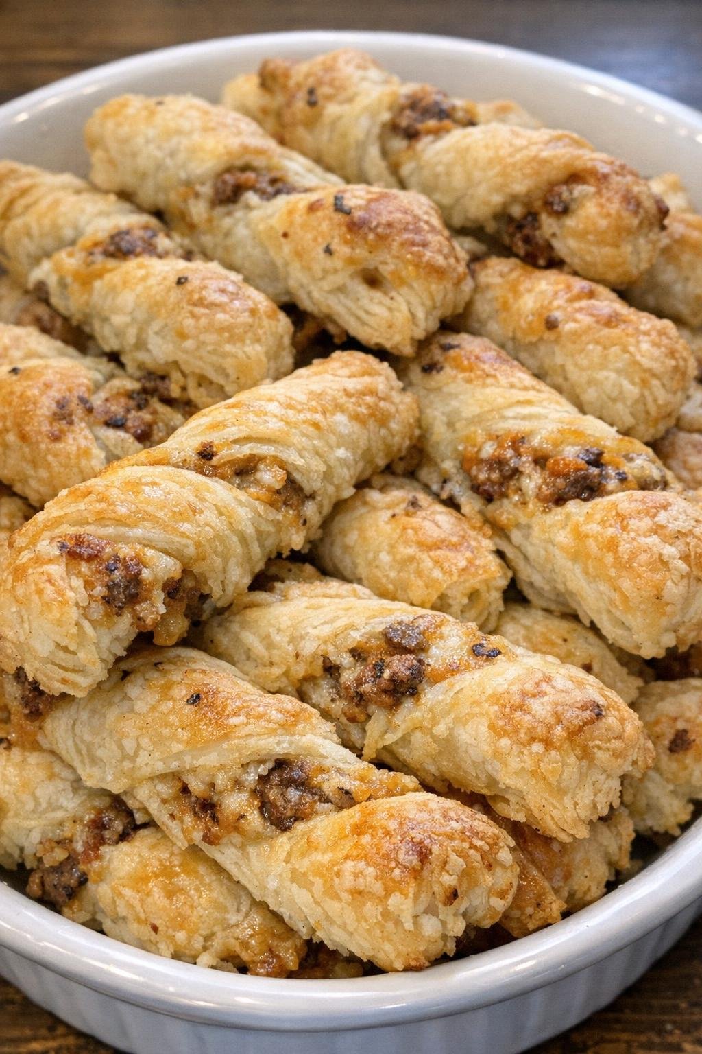 Golden flaky savory pastry twists in a serving dish