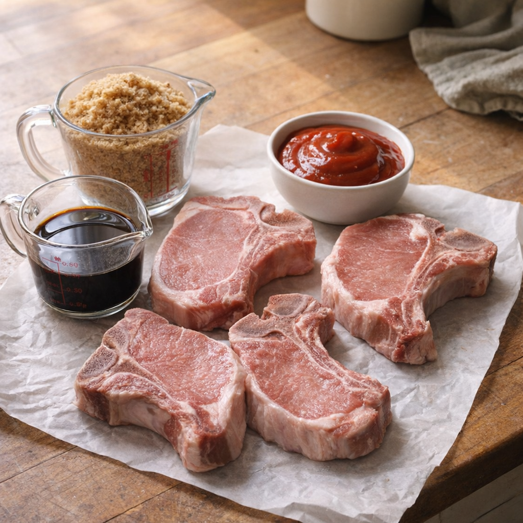 Simple ingredients for brown sugar pork chops on a kitchen counter