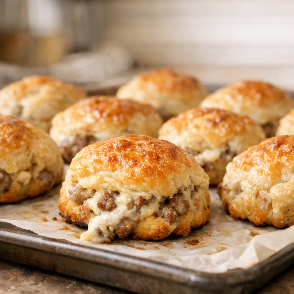 Freshly baked sausage cream cheese bites on a baking sheet