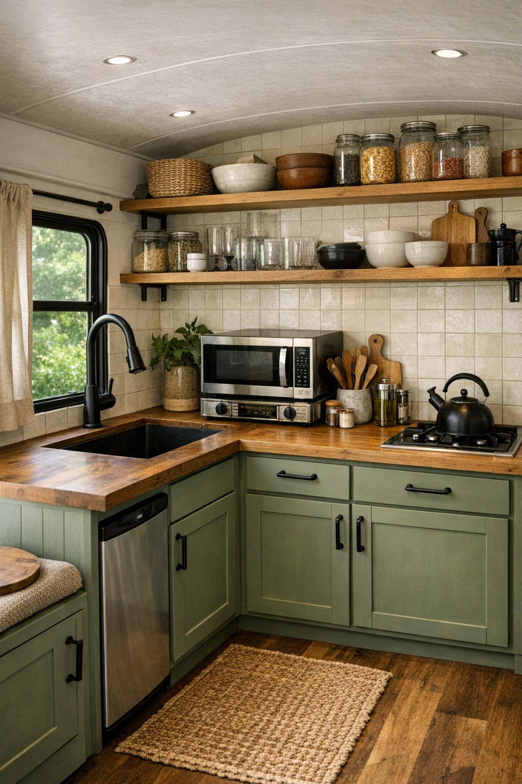 Galley kitchen with sage green cabinets, oak shelves, and cream tile backsplash in a converted bus