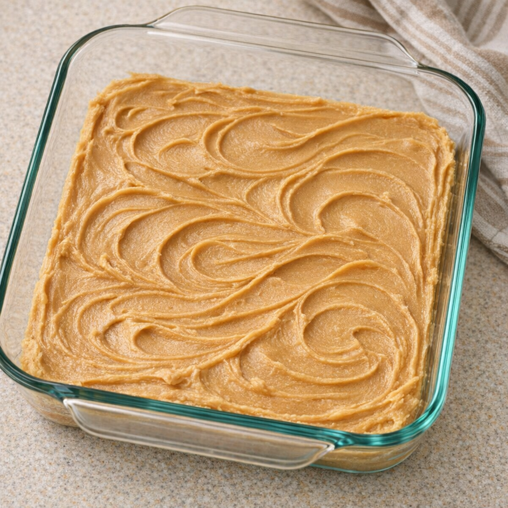 Peanut butter fudge with a swirled top in a glass dish