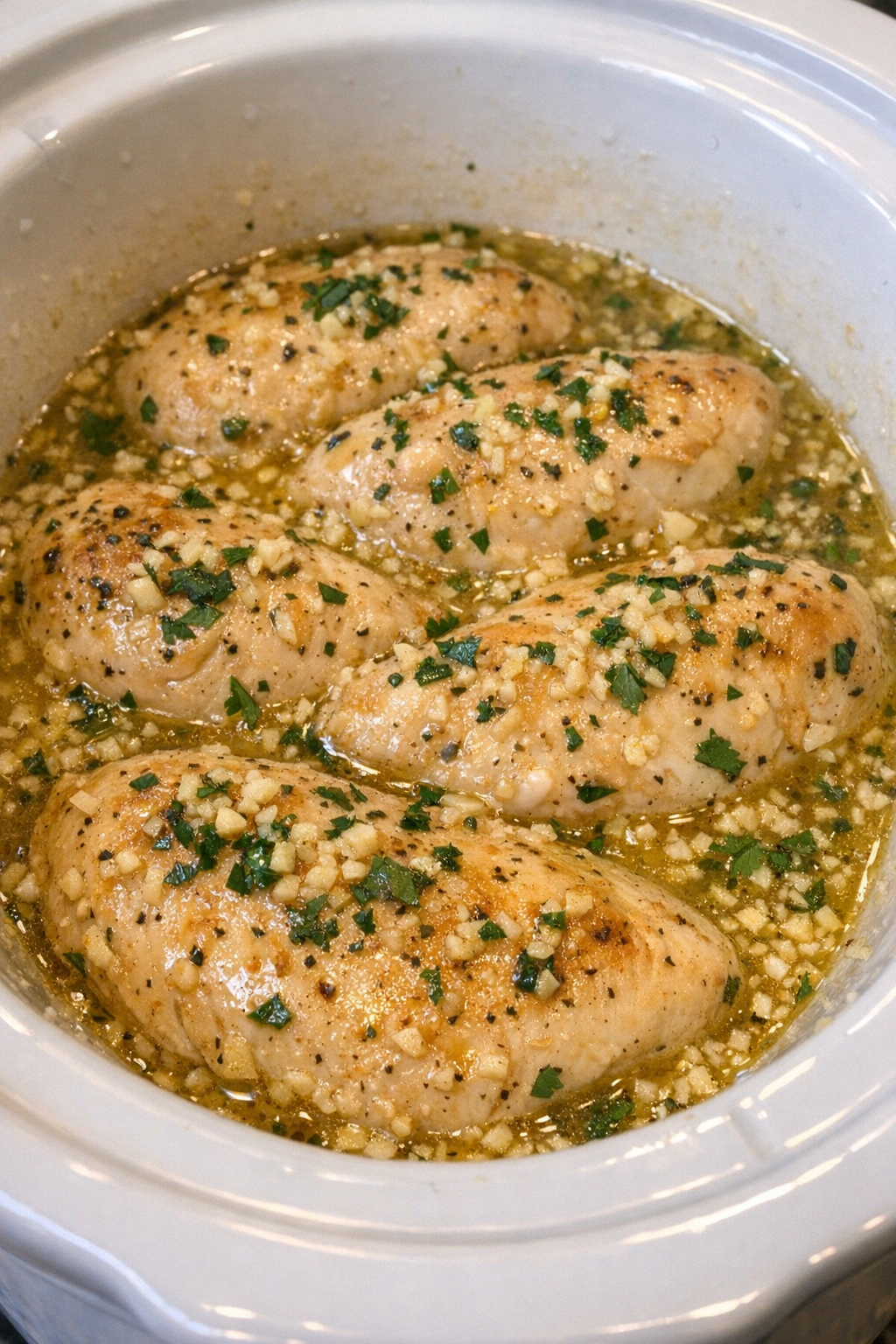 Slow cooker Amish garlic butter chicken in a white slow cooker