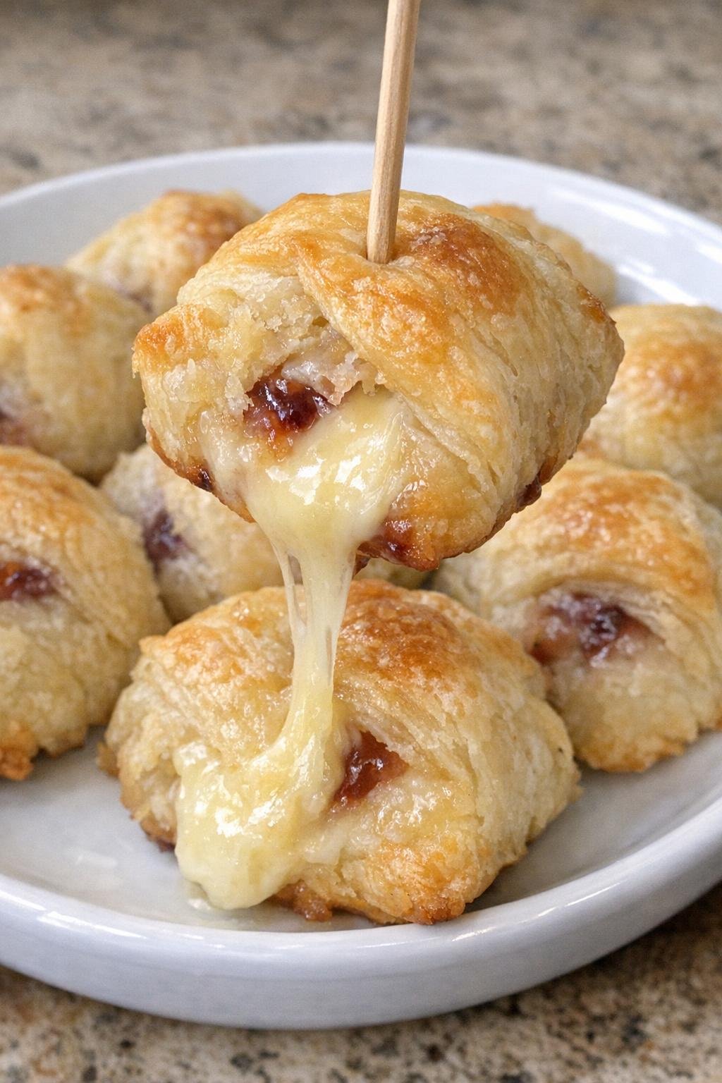 Brie bites on a white platter