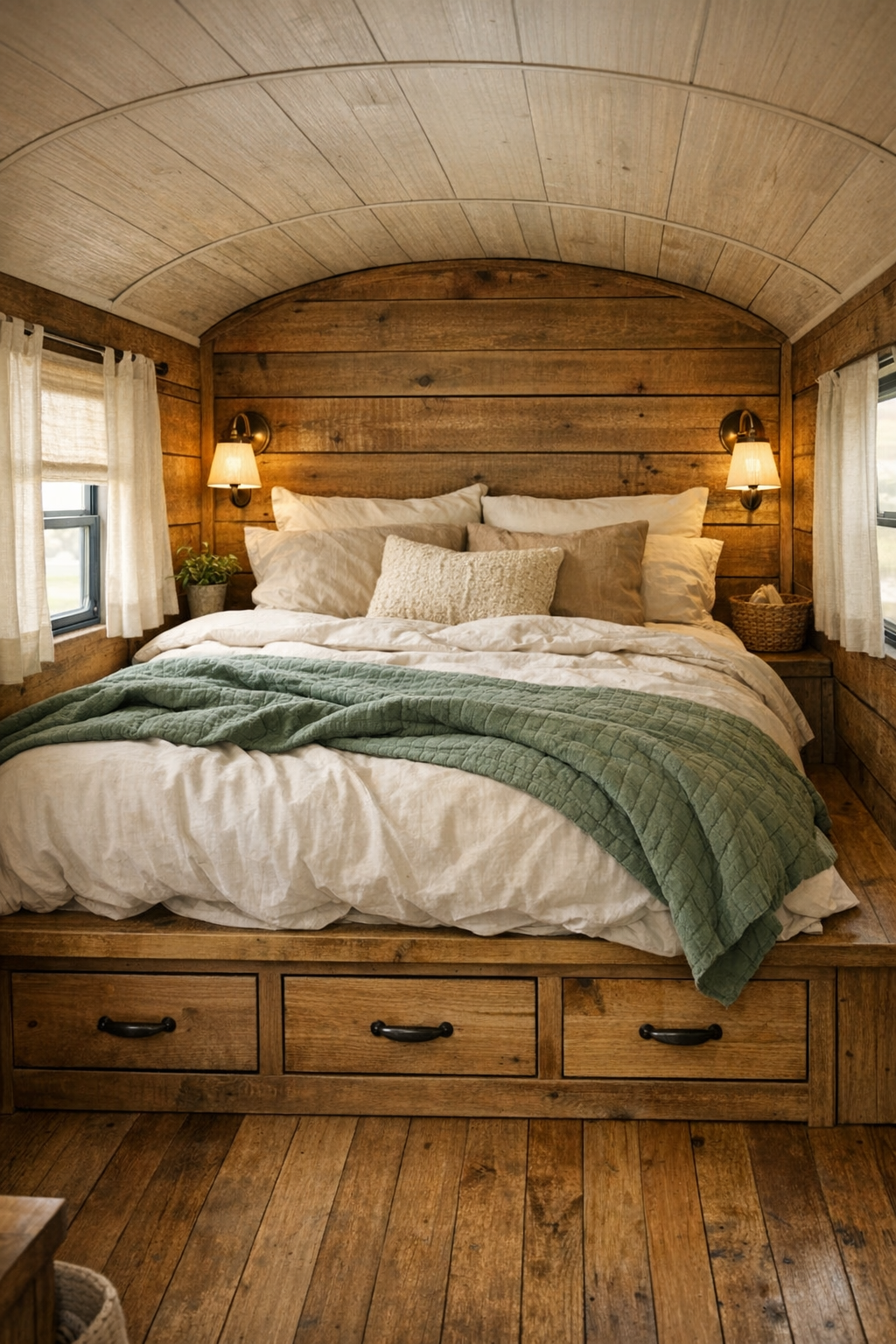 Peaceful bus bedroom with raised platform bed, linen bedding, and wood paneling