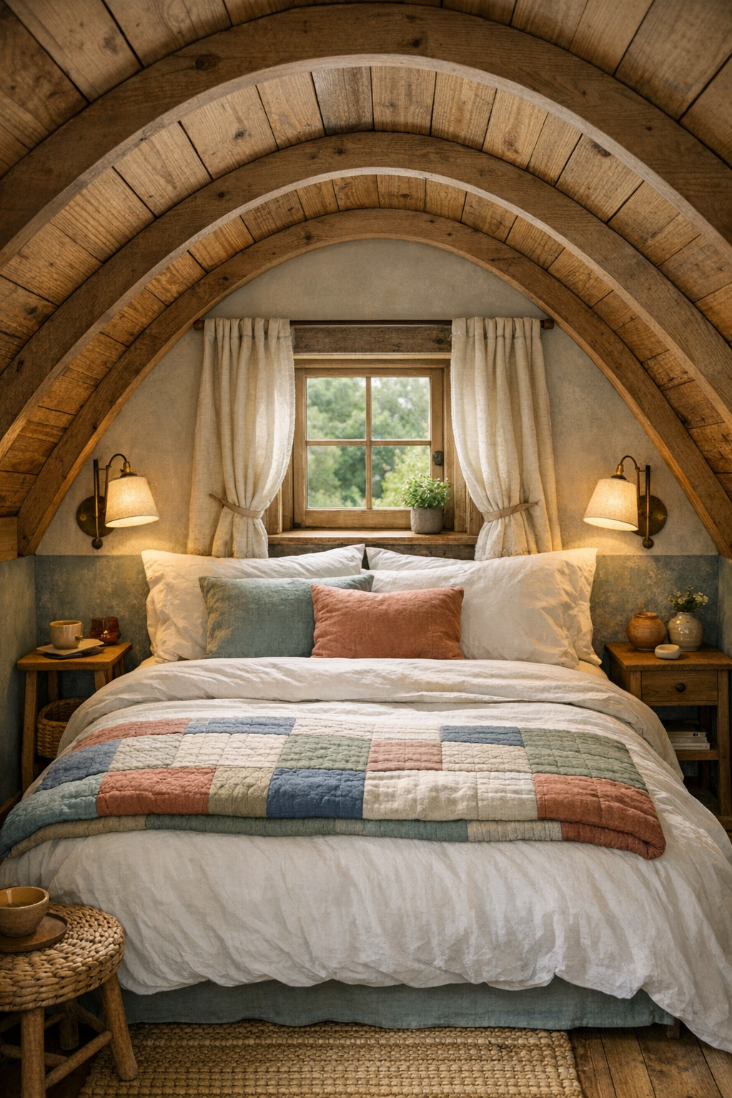 Peaceful loft-style tiny home bedroom with sloped wood ceilings and soft layered bedding