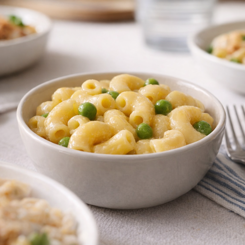 Kid-friendly bowl of macaroni with just a few peas