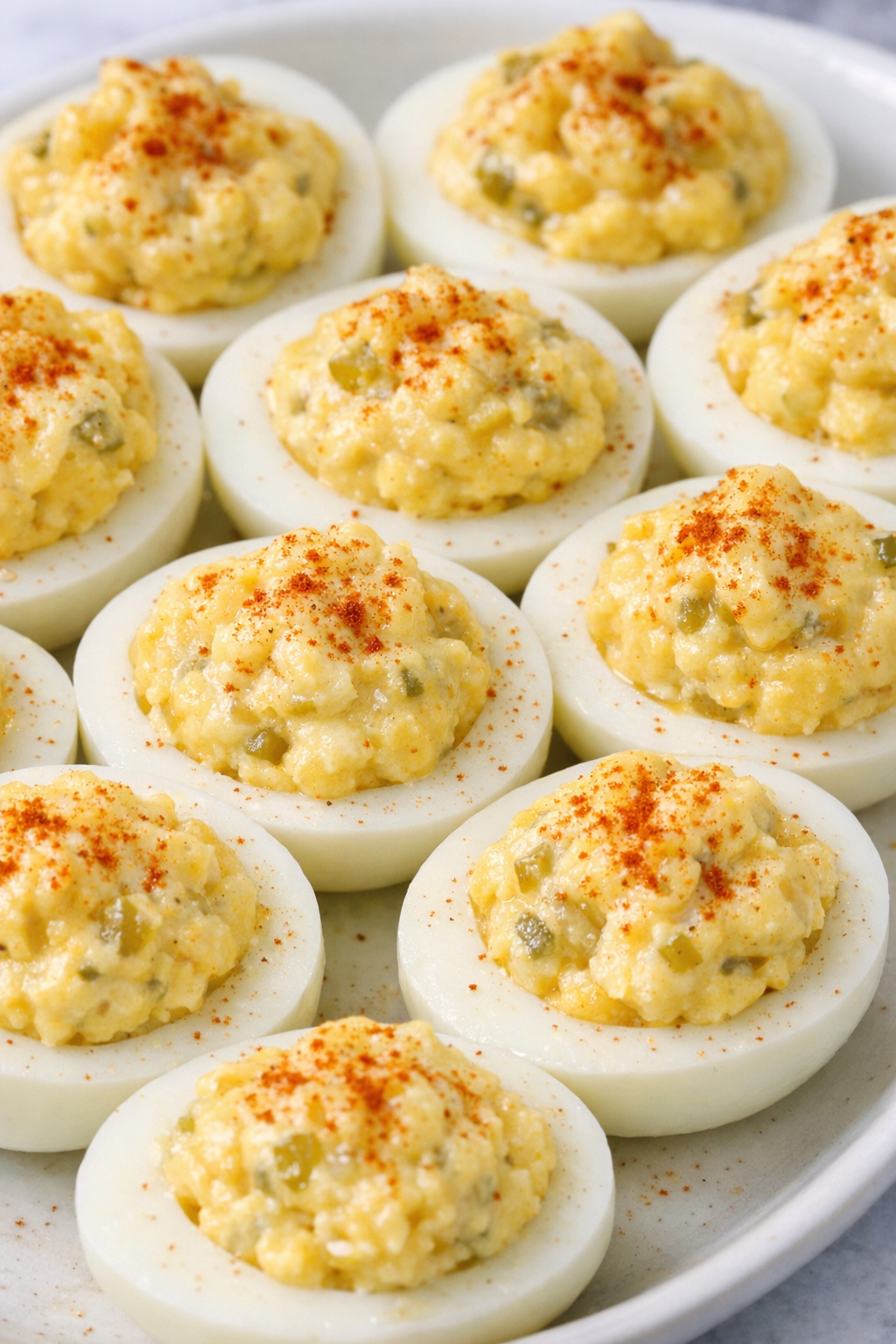 Southern 4-ingredient deviled eggs on a white ceramic plate