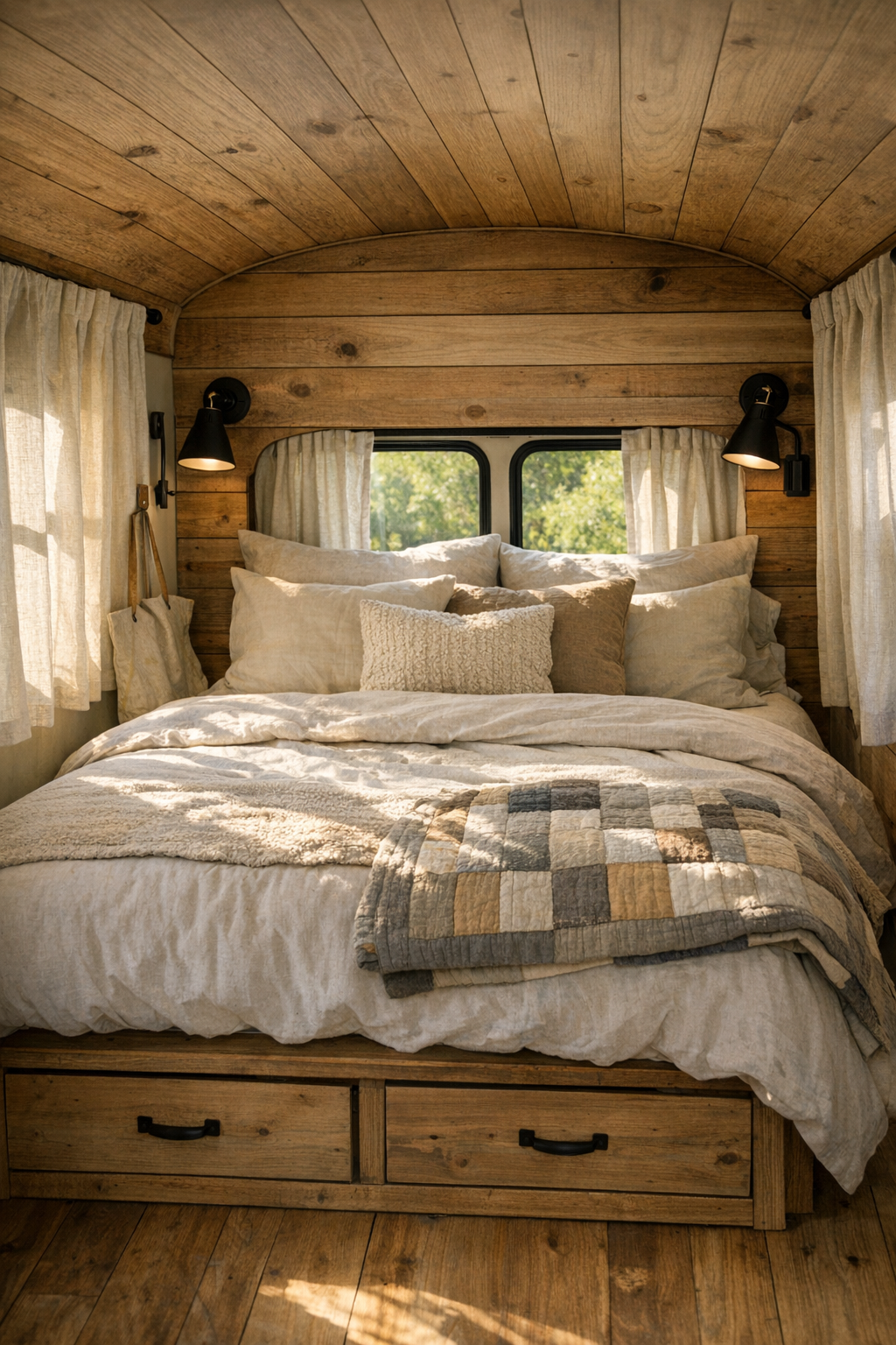 Peaceful bus bedroom with layered neutral bedding, wood walls, and soft linen curtains