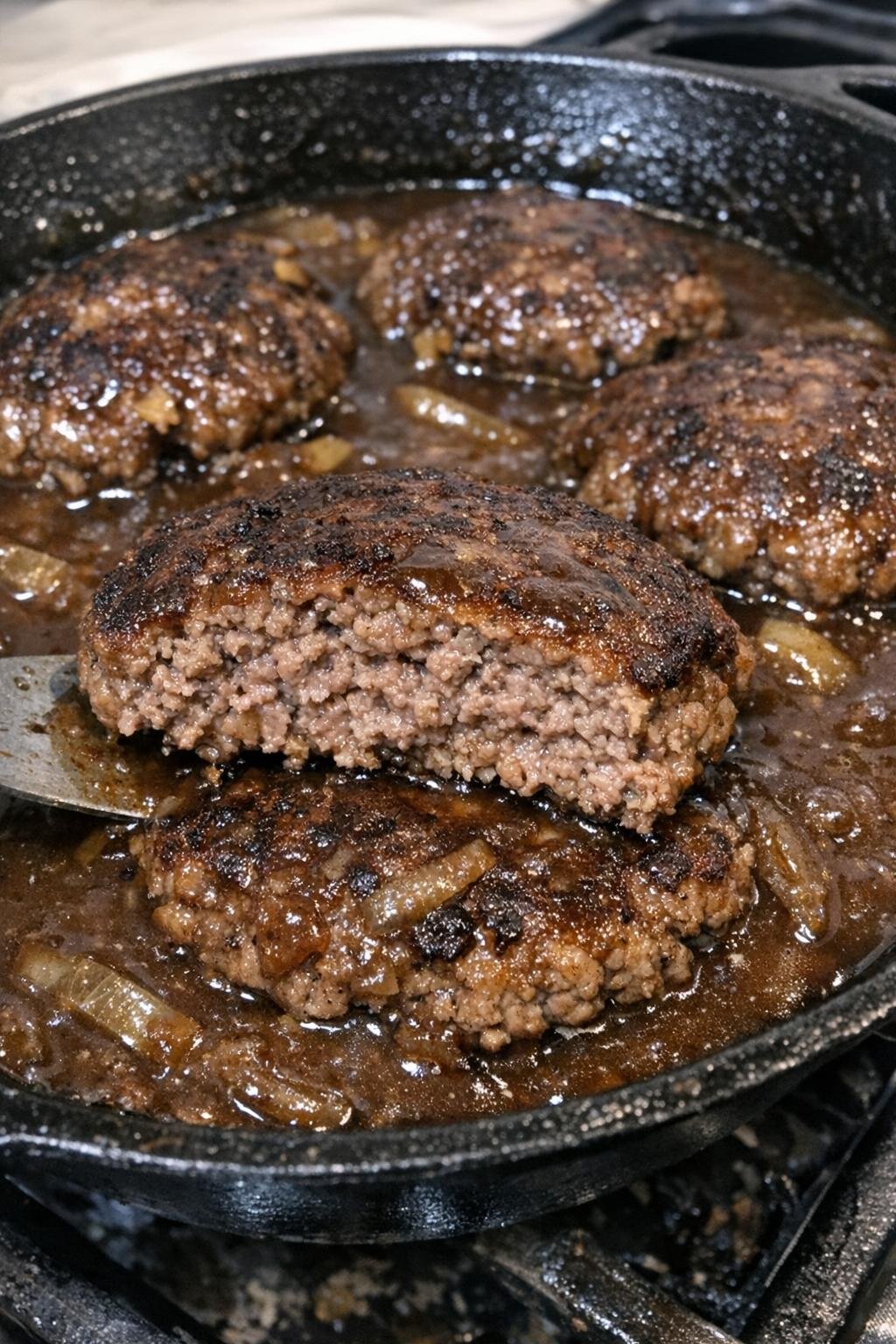 Ground beef patties in gravy in a cast iron skillet