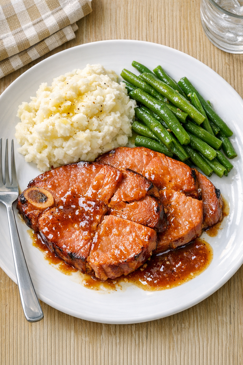 Finished slow cooker ham steaks plated with sauce