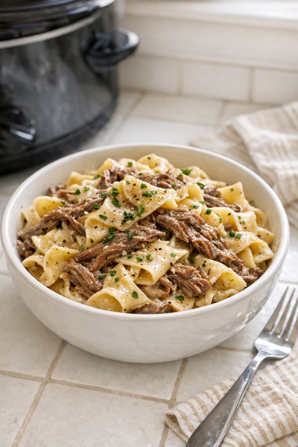 Finished buttermilk beef pasta plated in a bowl