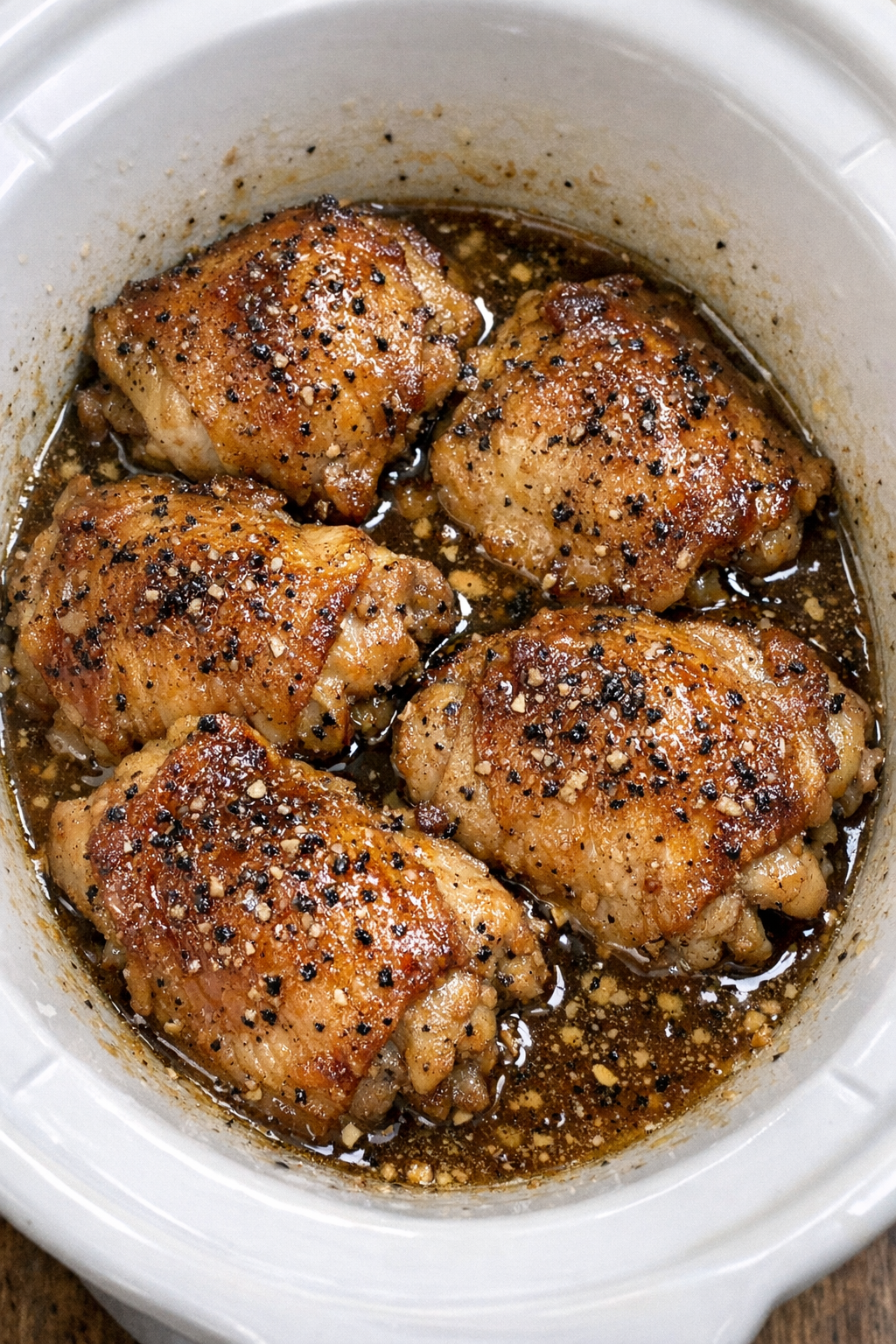 Slow cooker Amish brown butter chicken in a white slow cooker